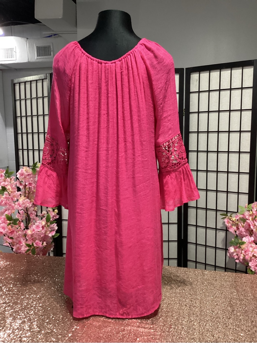 Bright Pink Women's Peasant Dress with Lace Bell Sleeves - Picture 6 of 7